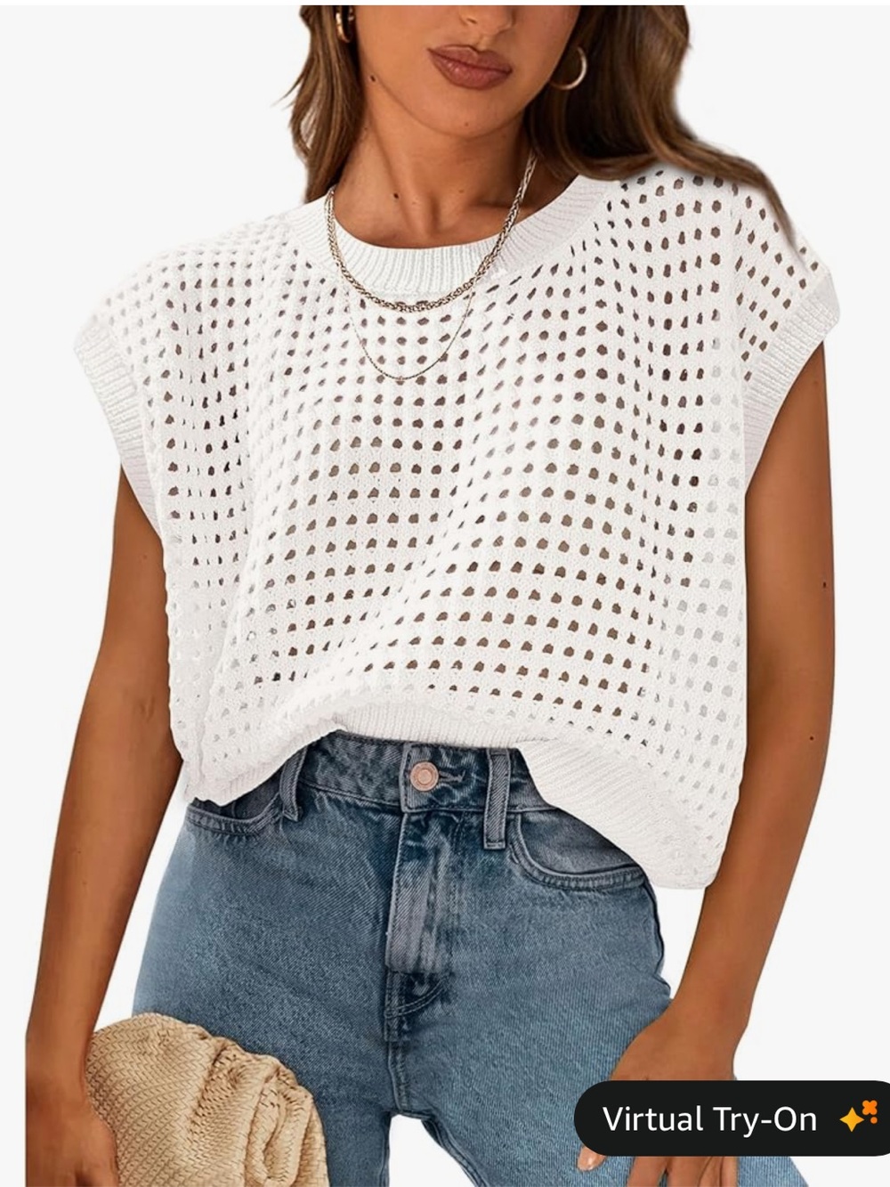 Women's White Open-Knit Boxy Sweater Vest